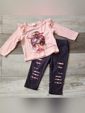 Girls Pink Top & Charcoal Leggings Matching Set